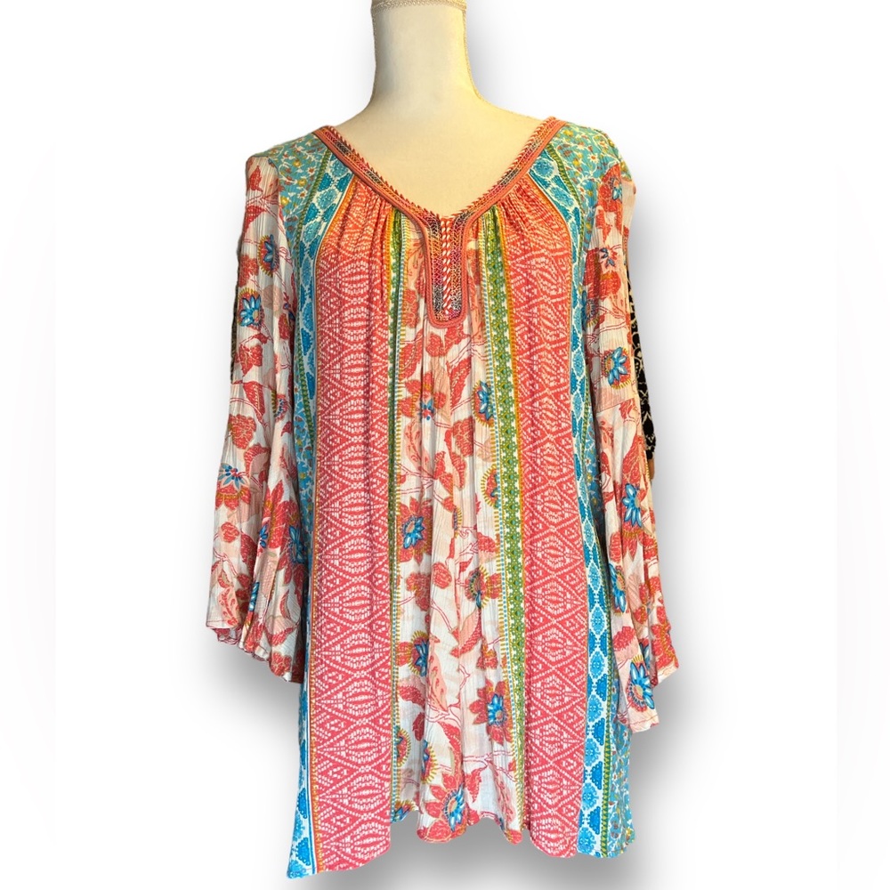 New Directions beautiful colorful Boho blouse. EC. Size X large